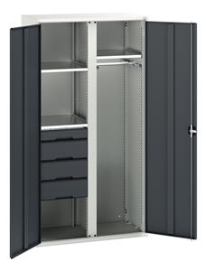 Verso partitioned cupboard with 3 shelves, 4 drawers, 1 coat rail. WxDxH: 1050x550x2000mm. RAL 7035/5010 or selected Bott Verso Basic Tool Cupboards Cupboard with shelves